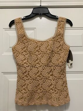 Papillon Blanc Damask Beige Lace Trim Camisole Top With Built in Bra Size XL